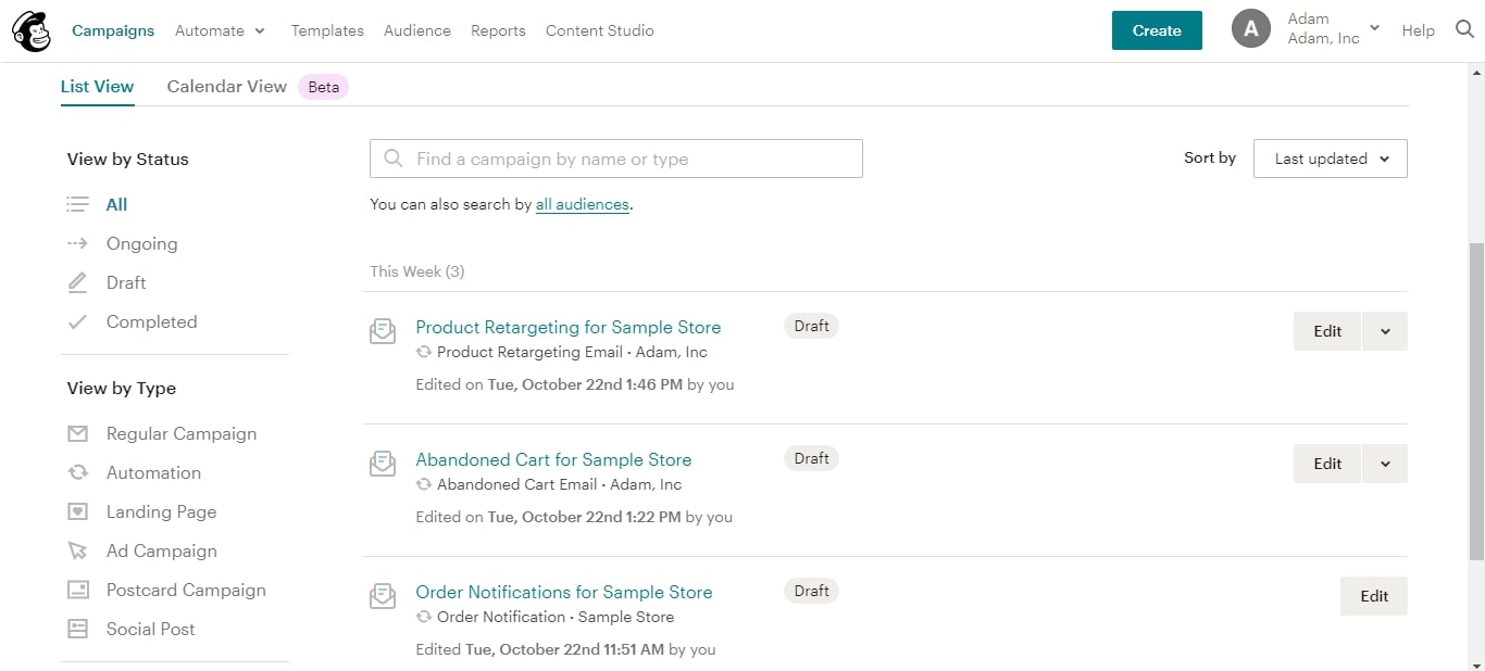 The interface of Mailchimp is especially clean and quick.